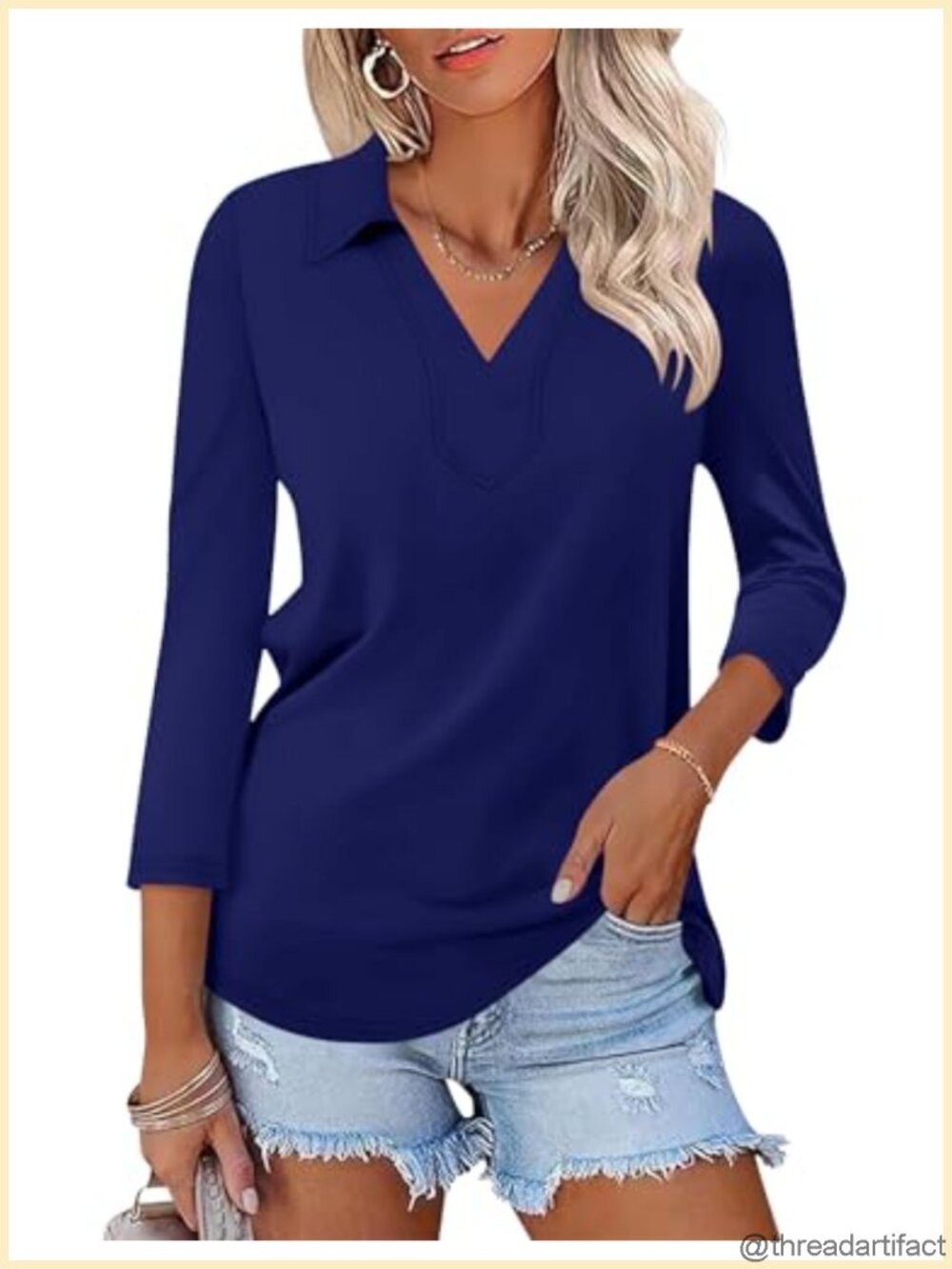 LOMON Women's 3/4 Sleeve V-Neck Collared Polo Shirt Regular Fit